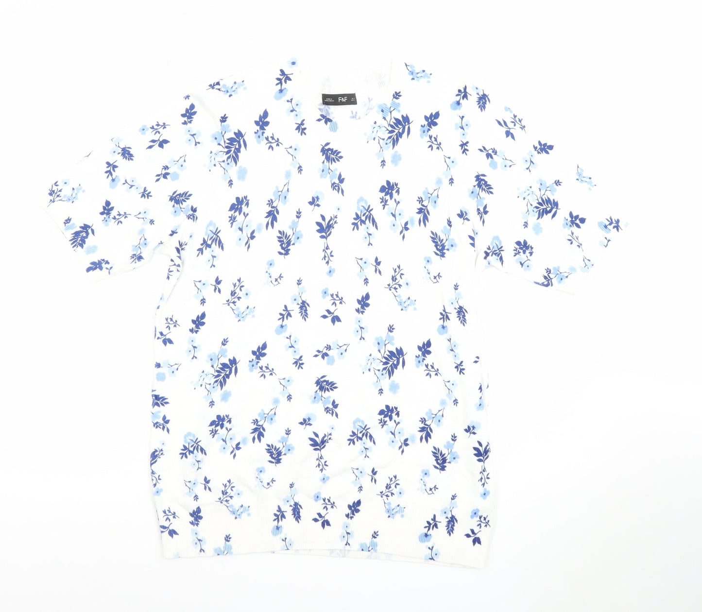 F&F Women's White Blue Floral Short Sleeve Cotton Jersey T-Shirt Size L