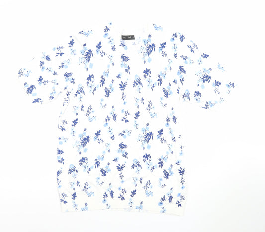 F&F Women's White Blue Floral Short Sleeve Cotton Jersey T-Shirt Size L