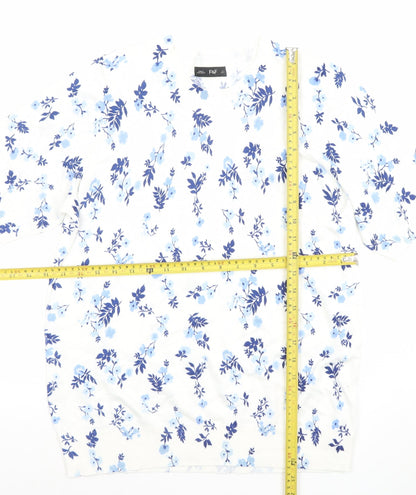 F&F Women's White Blue Floral Short Sleeve Cotton Jersey T-Shirt Size L