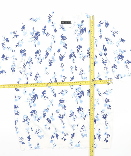 F&F Women's White Blue Floral Short Sleeve Cotton Jersey T-Shirt Size L