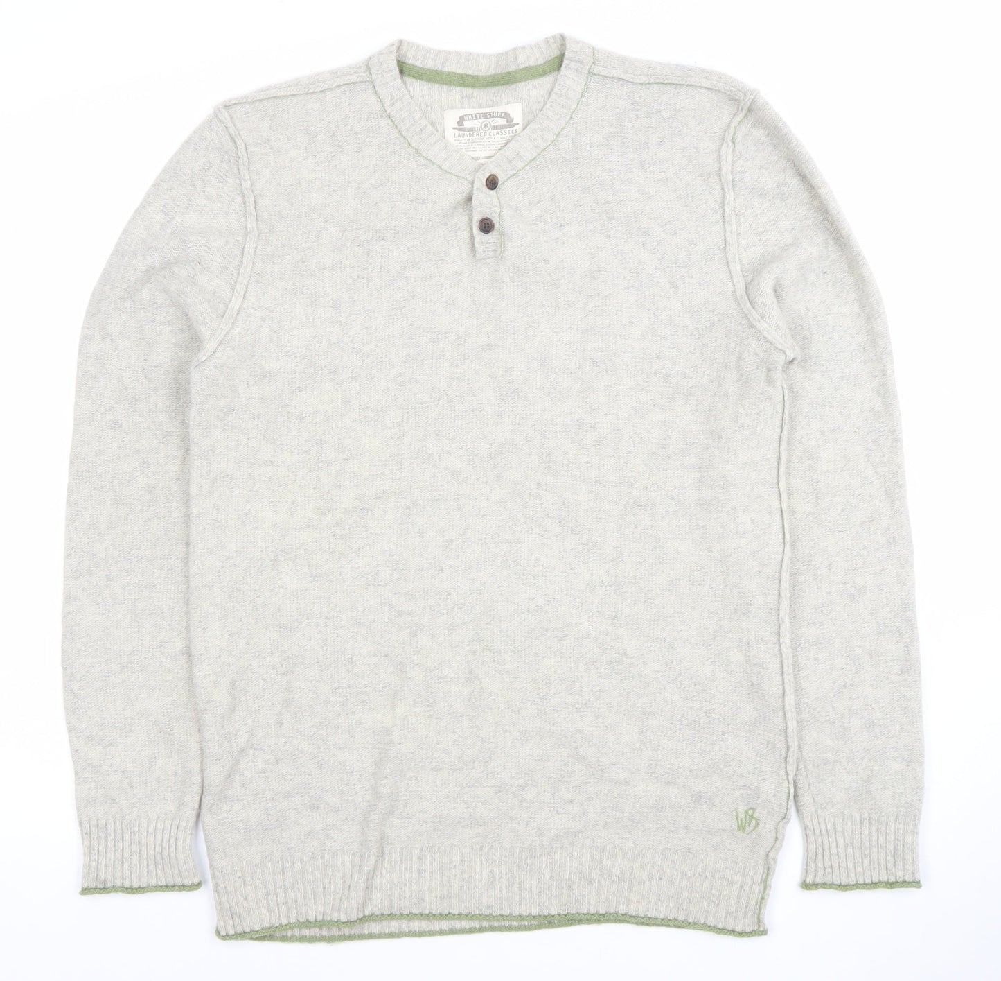 White Stuff Men's Grey Henley Jumper Medium Cotton Cashmere Knit