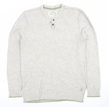White Stuff Men's Grey Henley Jumper Medium Cotton Cashmere Knit