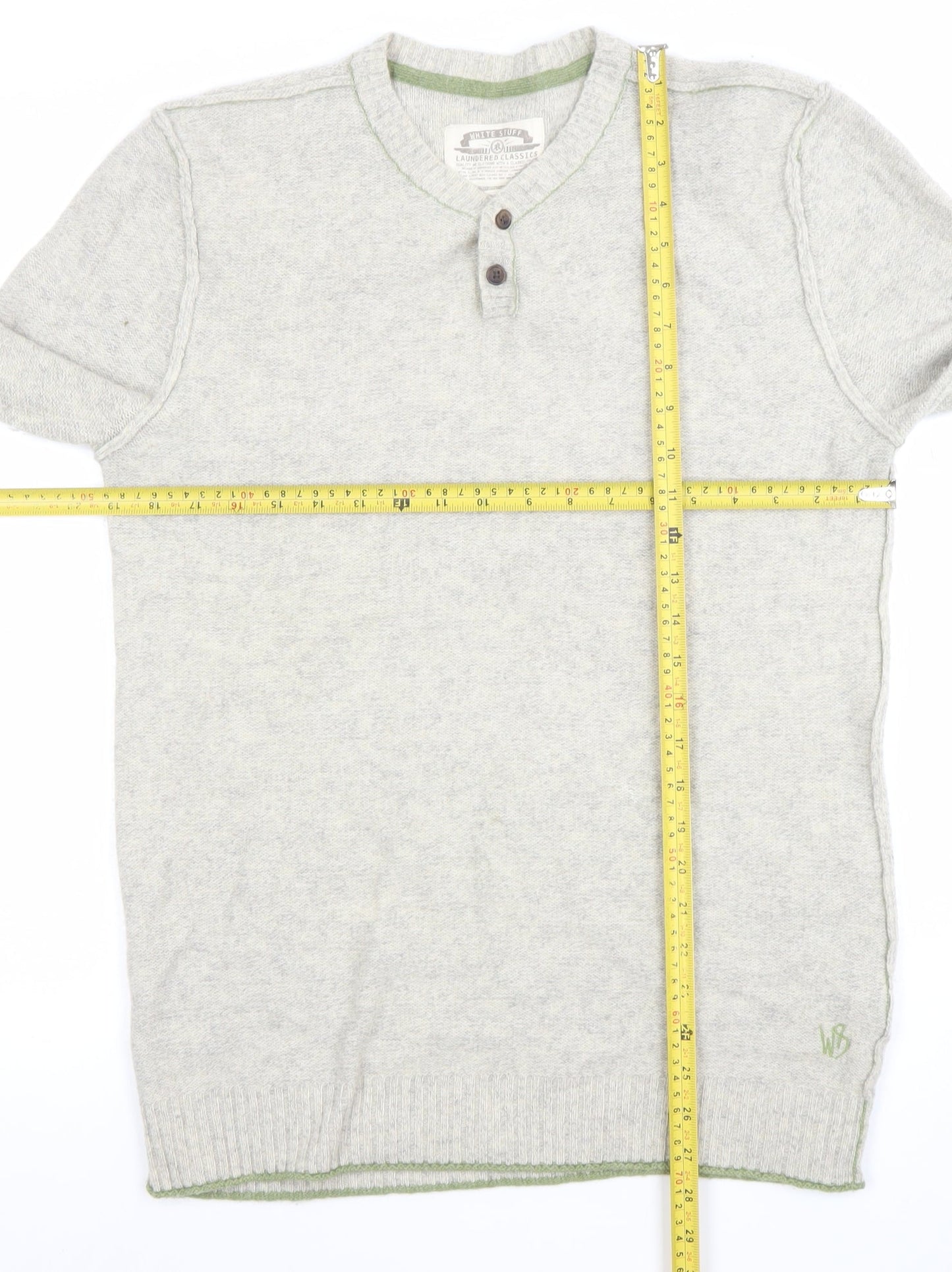 White Stuff Men's Grey Henley Jumper Medium Cotton Cashmere Knit