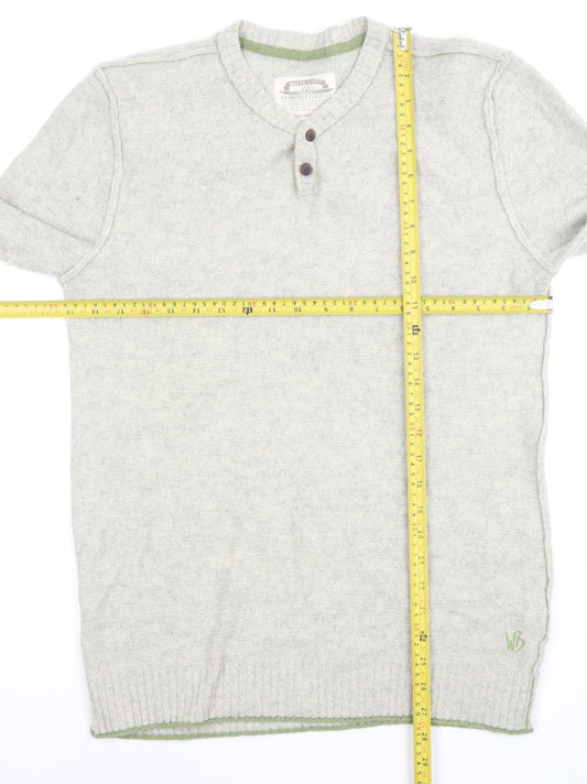 White Stuff Men's Grey Henley Jumper Medium Cotton Cashmere Knit