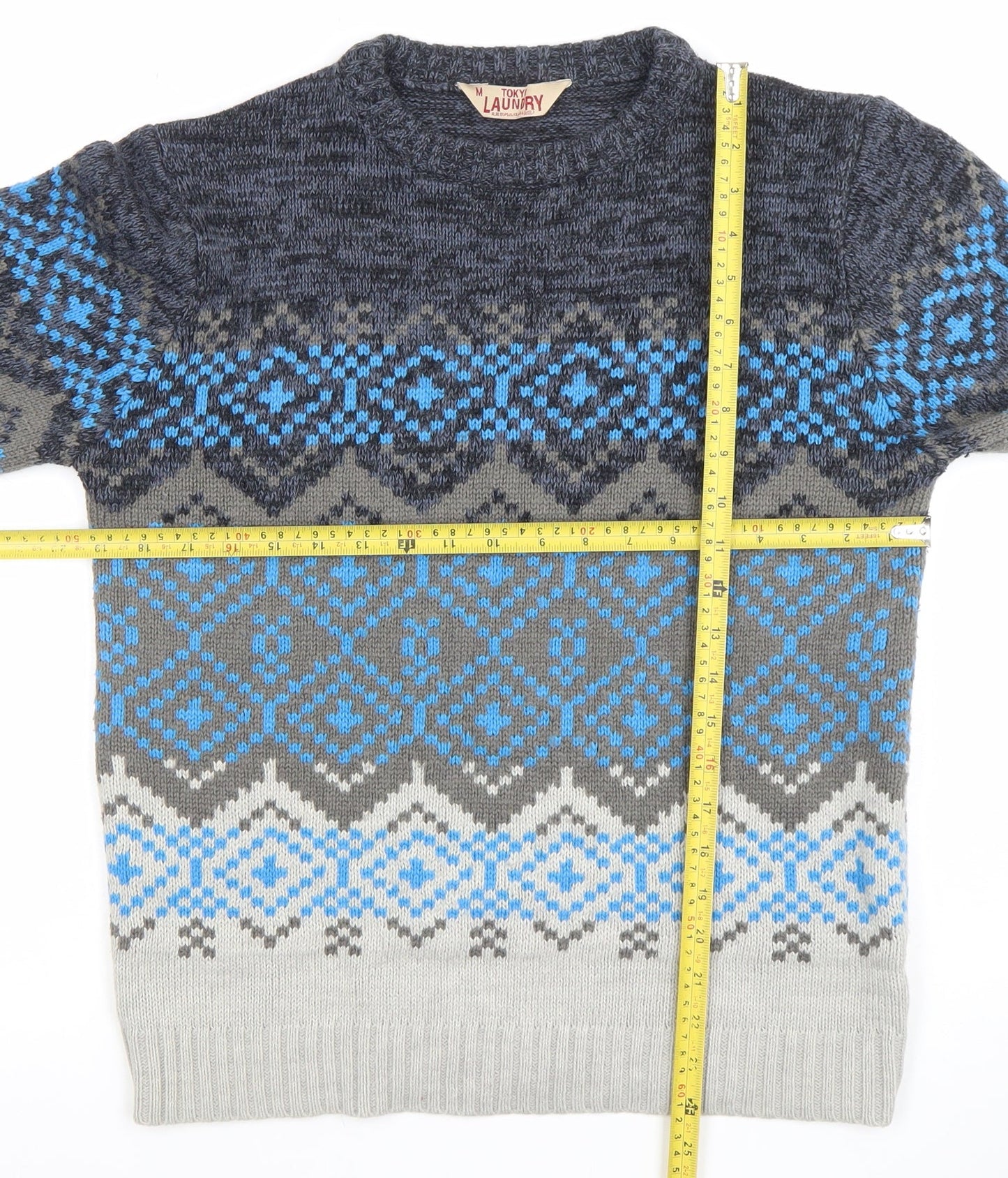 Tokyo Laundry Mens Grey Fair Isle Wool Blend Pullover Jumper M