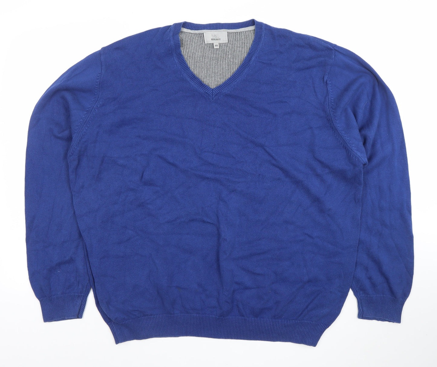 Marks and Spencer Men's Blue 2XL V-Neck Cotton Jumper
