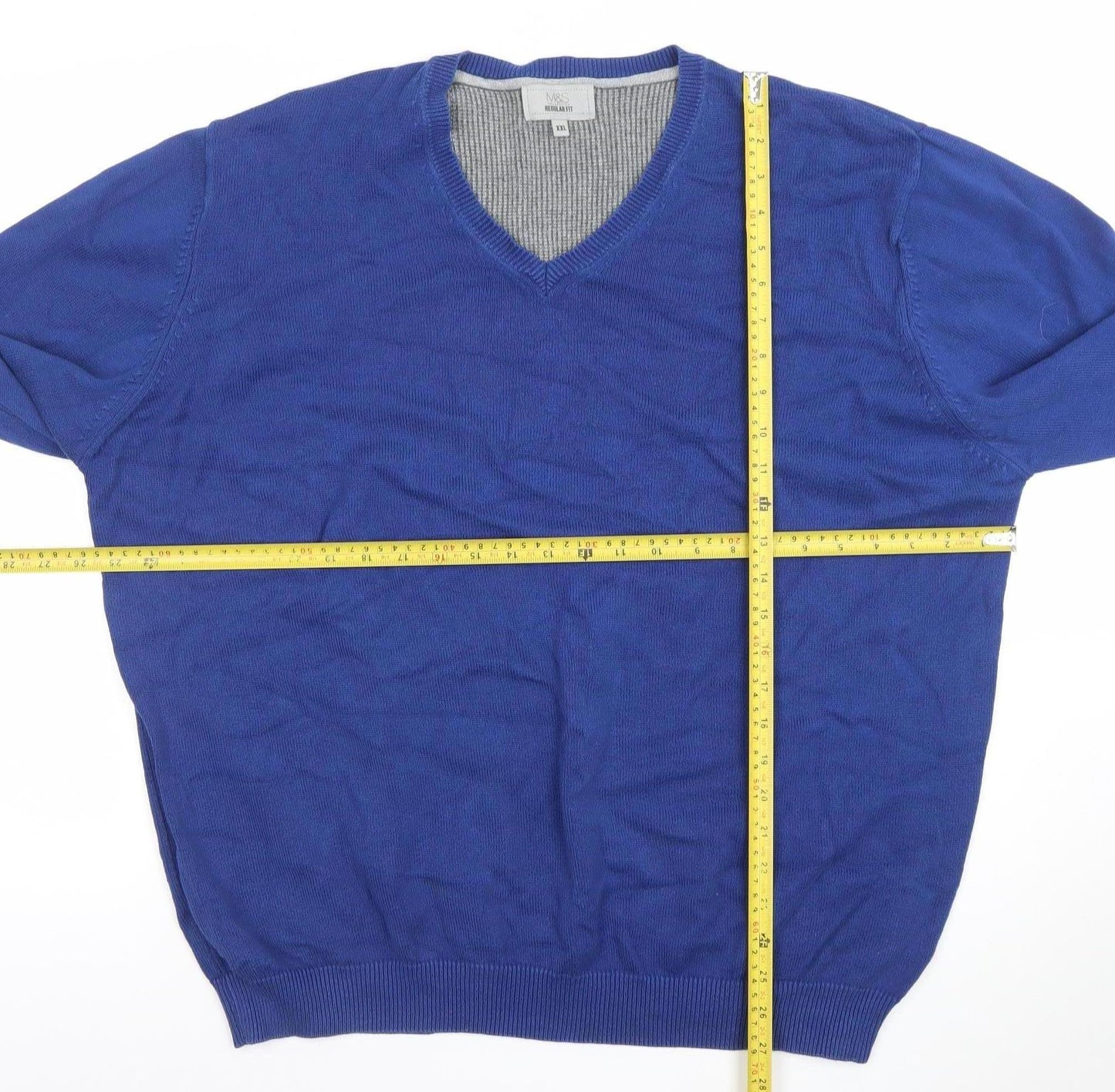 Marks and Spencer Men's Blue 2XL V-Neck Cotton Jumper