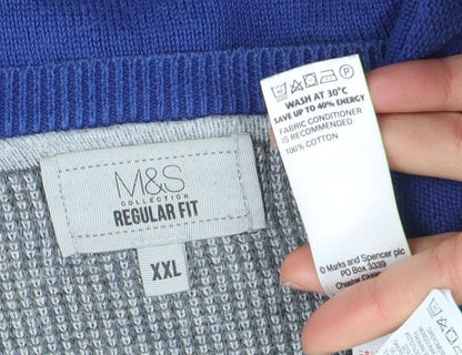 Marks and Spencer Men's Blue 2XL V-Neck Cotton Jumper