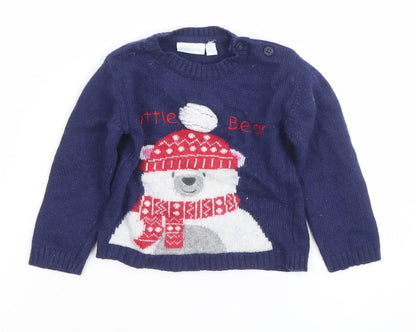 JoJo Maman Bébé Blue Little Bear Cotton Cashmere Jumper 6-9 Months