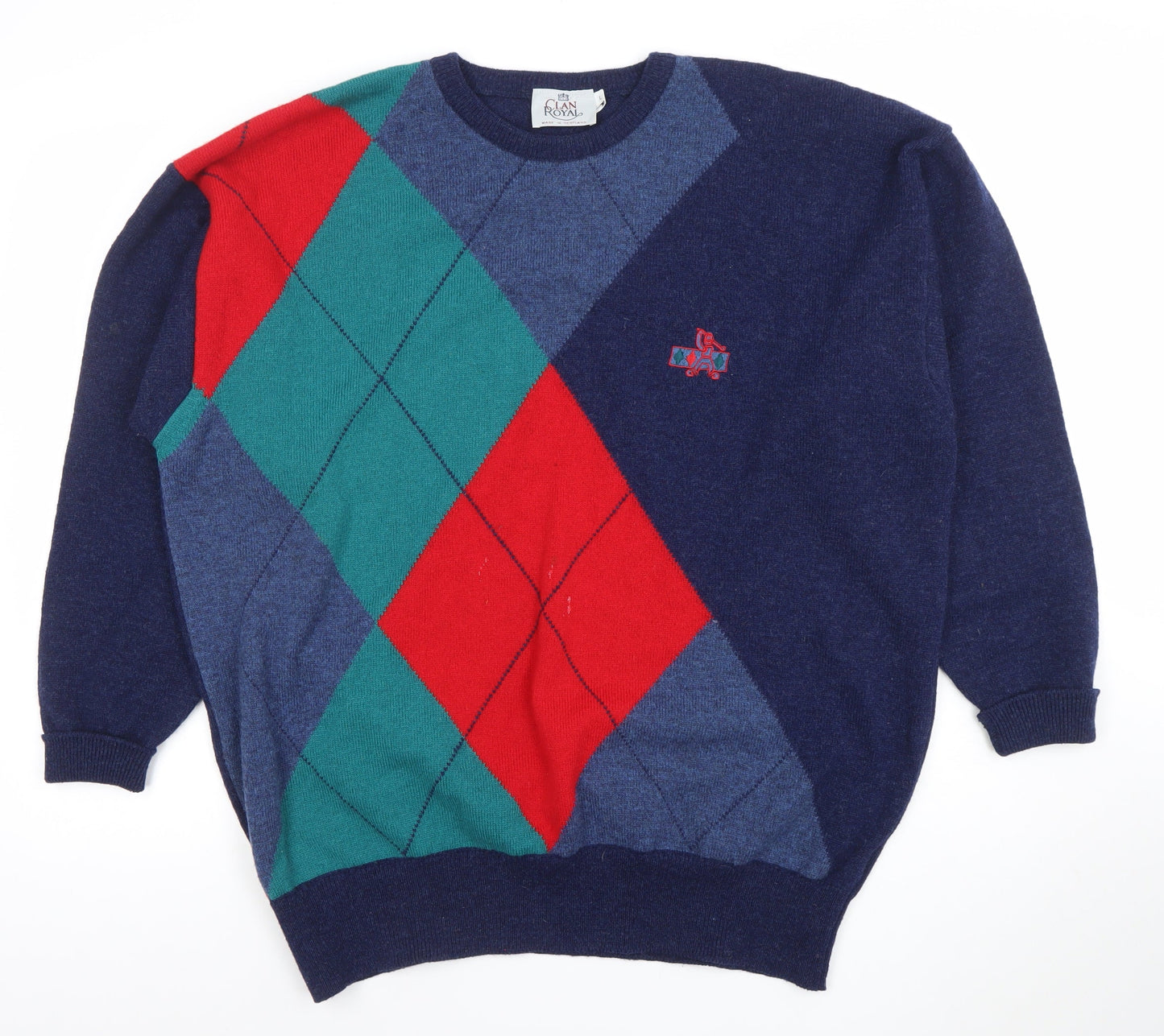 Clan Royal Men’s Blue Lambswool Argyle Pullover Jumper L Scottish Knit