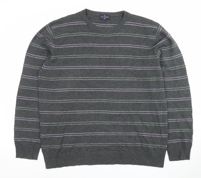 Marks and Spencer Blue Harbour Men's Grey Striped Cotton Crew Neck Jumper L