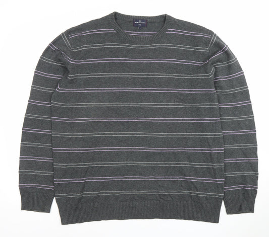 Marks and Spencer Blue Harbour Men's Grey Striped Cotton Crew Neck Jumper L
