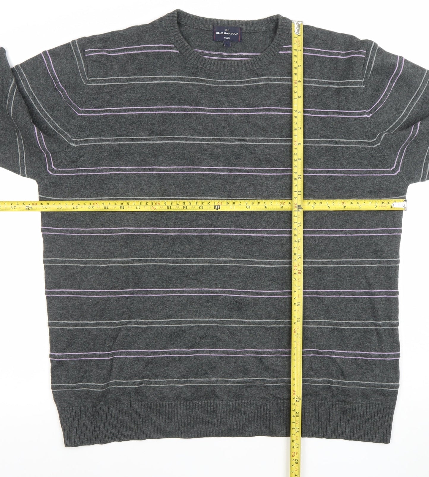 Marks and Spencer Blue Harbour Men's Grey Striped Cotton Crew Neck Jumper L