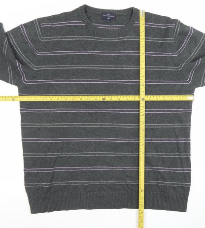 Marks and Spencer Blue Harbour Men's Grey Striped Cotton Crew Neck Jumper L