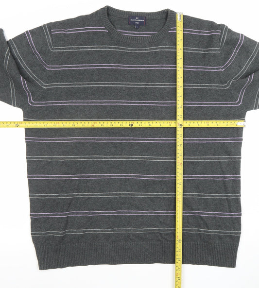 Marks and Spencer Blue Harbour Men's Grey Striped Cotton Crew Neck Jumper L
