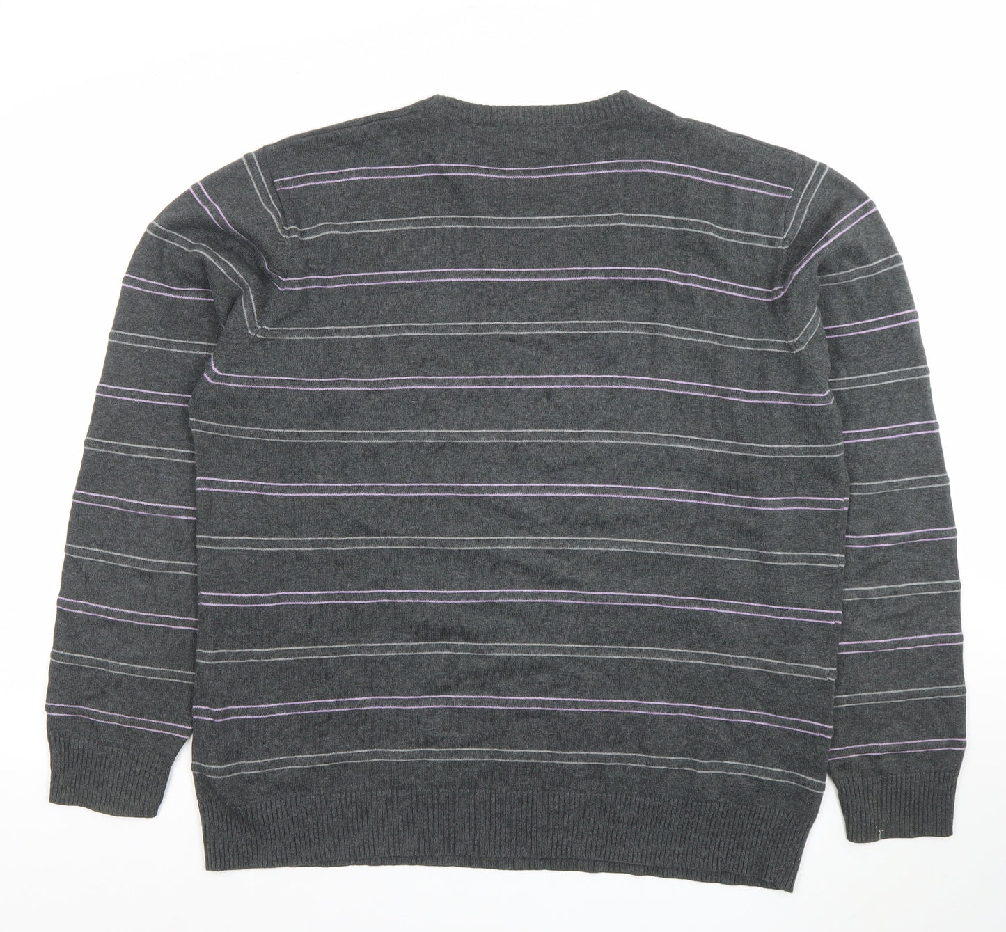 Marks and Spencer Blue Harbour Men's Grey Striped Cotton Crew Neck Jumper L