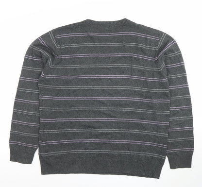 Marks and Spencer Blue Harbour Men's Grey Striped Cotton Crew Neck Jumper L