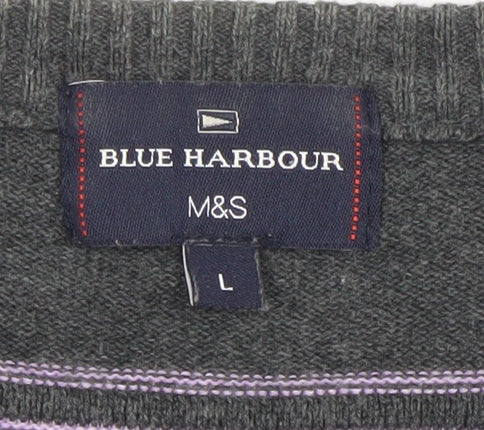 Marks and Spencer Blue Harbour Men's Grey Striped Cotton Crew Neck Jumper L
