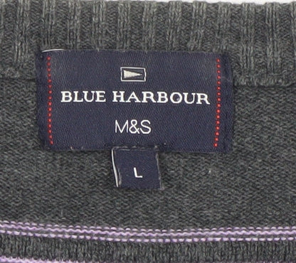 Marks and Spencer Blue Harbour Men's Grey Striped Cotton Crew Neck Jumper L
