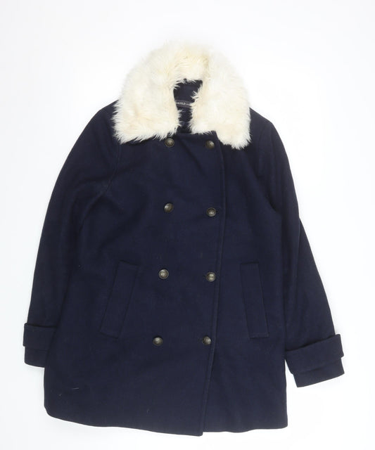 Marks and Spencer Women's Navy Wool Pea Coat with Faux Fur Collar Size 12