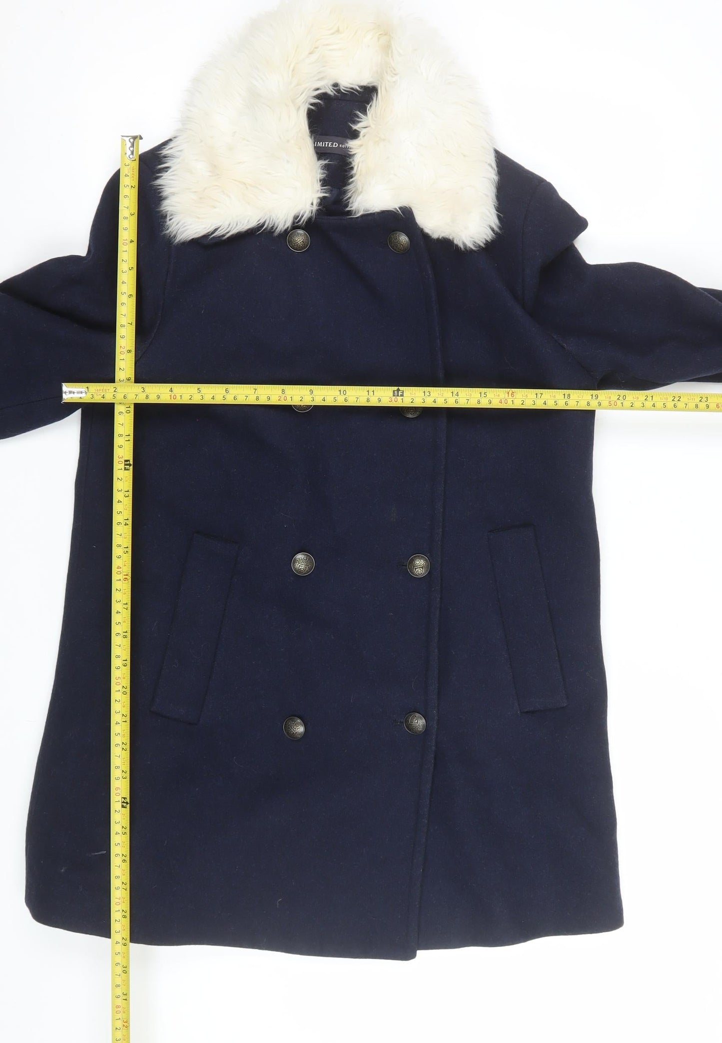 Marks and Spencer Women's Navy Wool Pea Coat with Faux Fur Collar Size 12