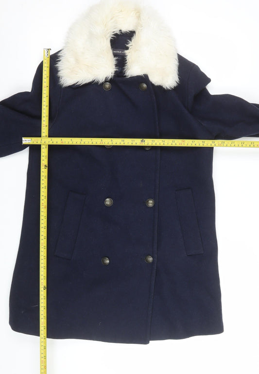 Marks and Spencer Women's Navy Wool Pea Coat with Faux Fur Collar Size 12