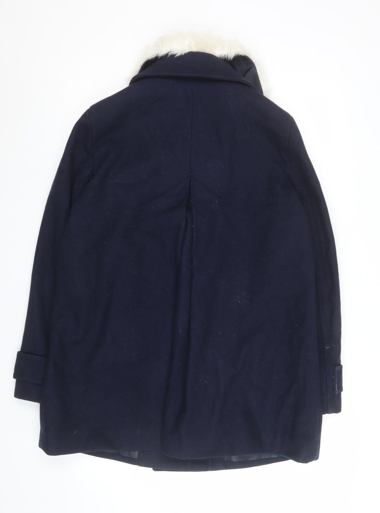 Marks and Spencer Women's Navy Wool Pea Coat with Faux Fur Collar Size 12