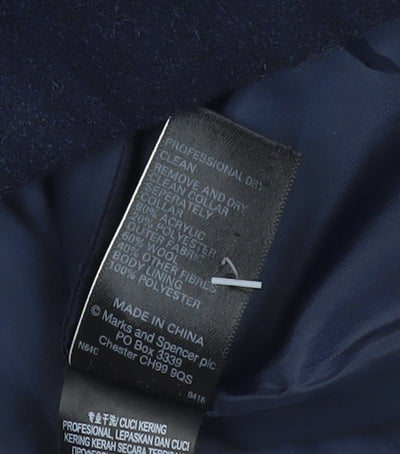 Marks and Spencer Women's Navy Wool Pea Coat with Faux Fur Collar Size 12