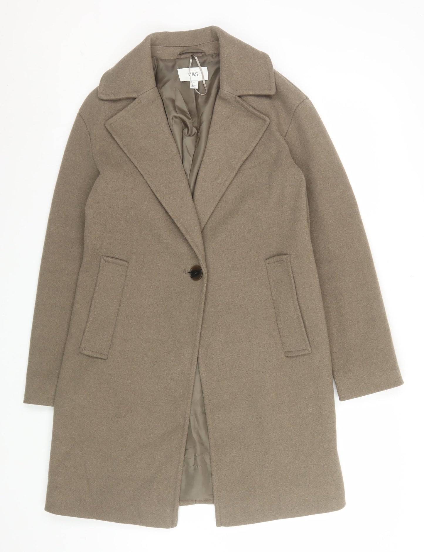 Marks and Spencer Women Mocha Wool Blend Single Breasted Coat Size 8