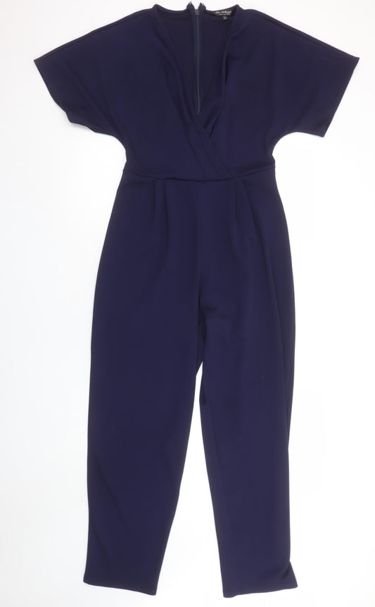 Miss Selfridge Women Navy Blue Wrap Jumpsuit Size 10 Short Sleeve Zip Back