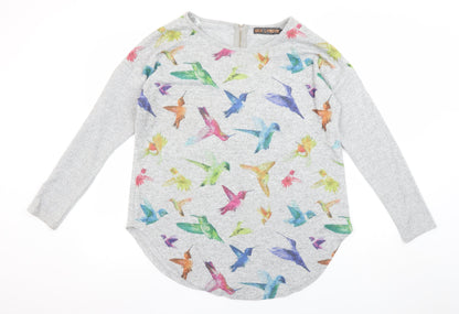 QED London Women's Grey Bird Print Long Sleeve Jersey Top M