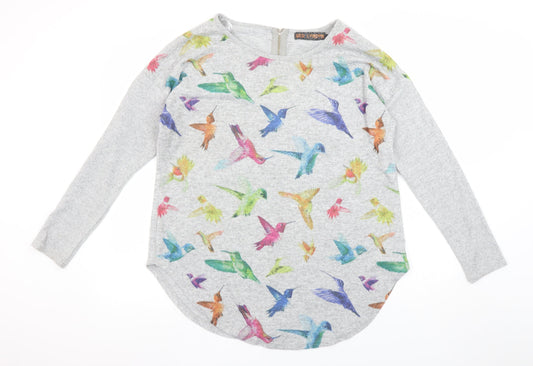 QED London Women's Grey Bird Print Long Sleeve Jersey Top M