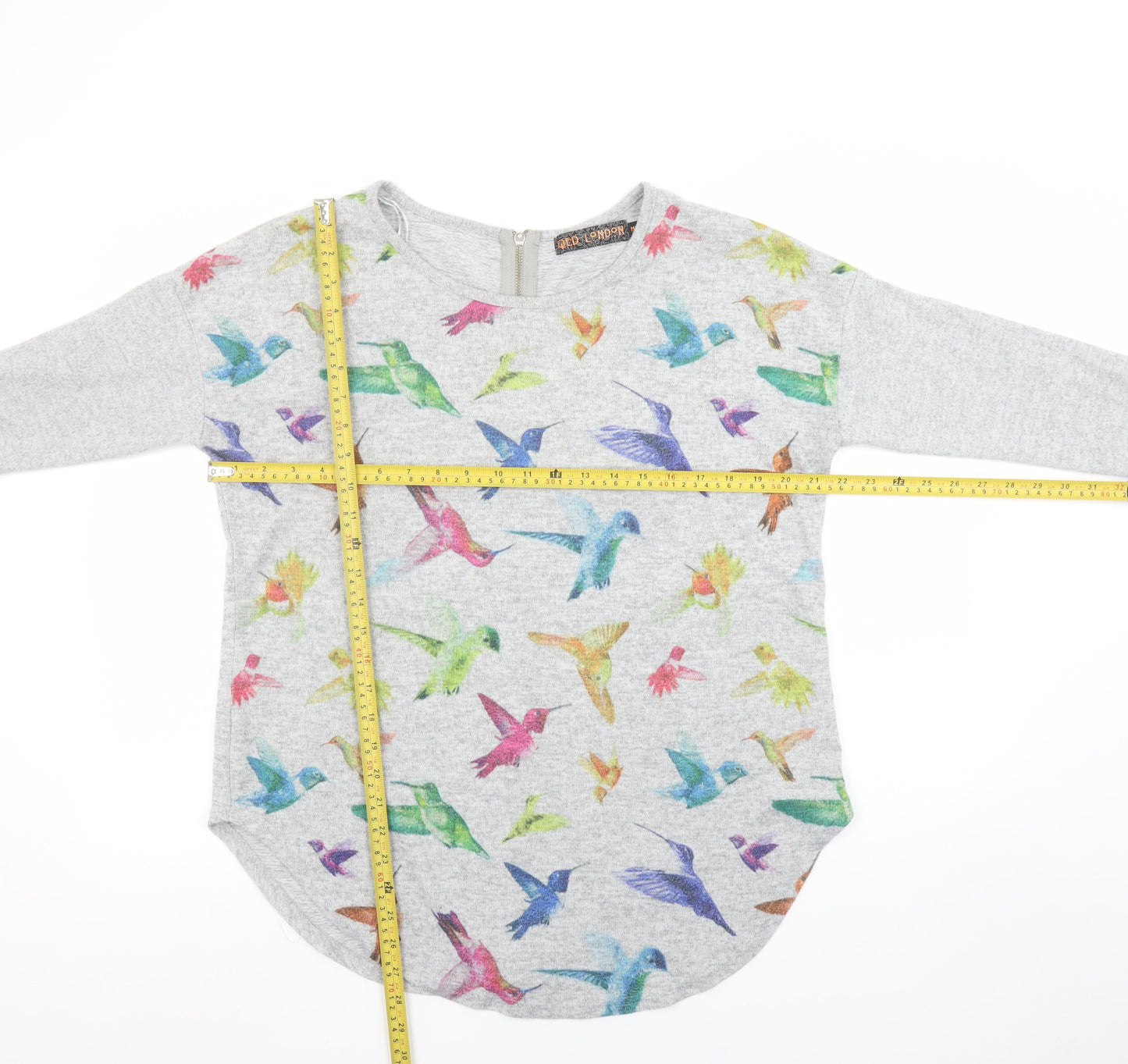 QED London Women's Grey Bird Print Long Sleeve Jersey Top M