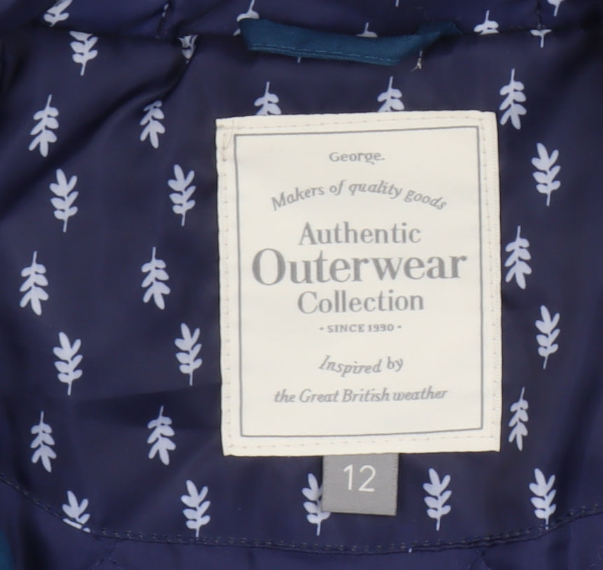 George Women Blue Parka Jacket Size 12 Hooded Mid-Length Cotton Blend