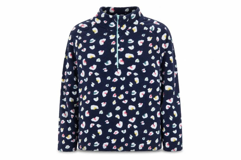Front view of Mountain Warehouse girls’ blue fleece 1/4 zip pullover sweatshirt 8-10 years