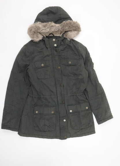 FatFace Women's Green Cotton Parka Coat Size 12 Faux Fur Hood