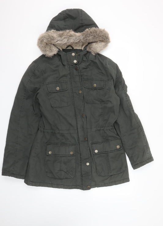 FatFace Women's Green Cotton Parka Coat Size 12 Faux Fur Hood