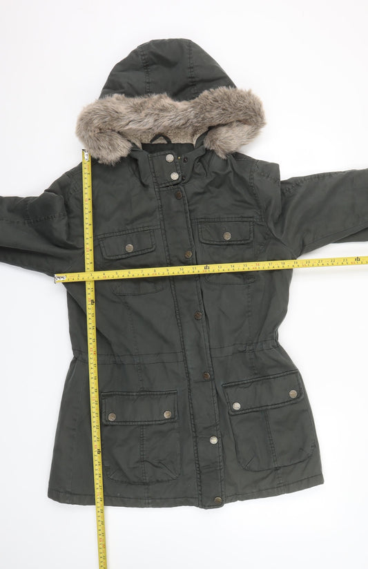 FatFace Women's Green Cotton Parka Coat Size 12 Faux Fur Hood