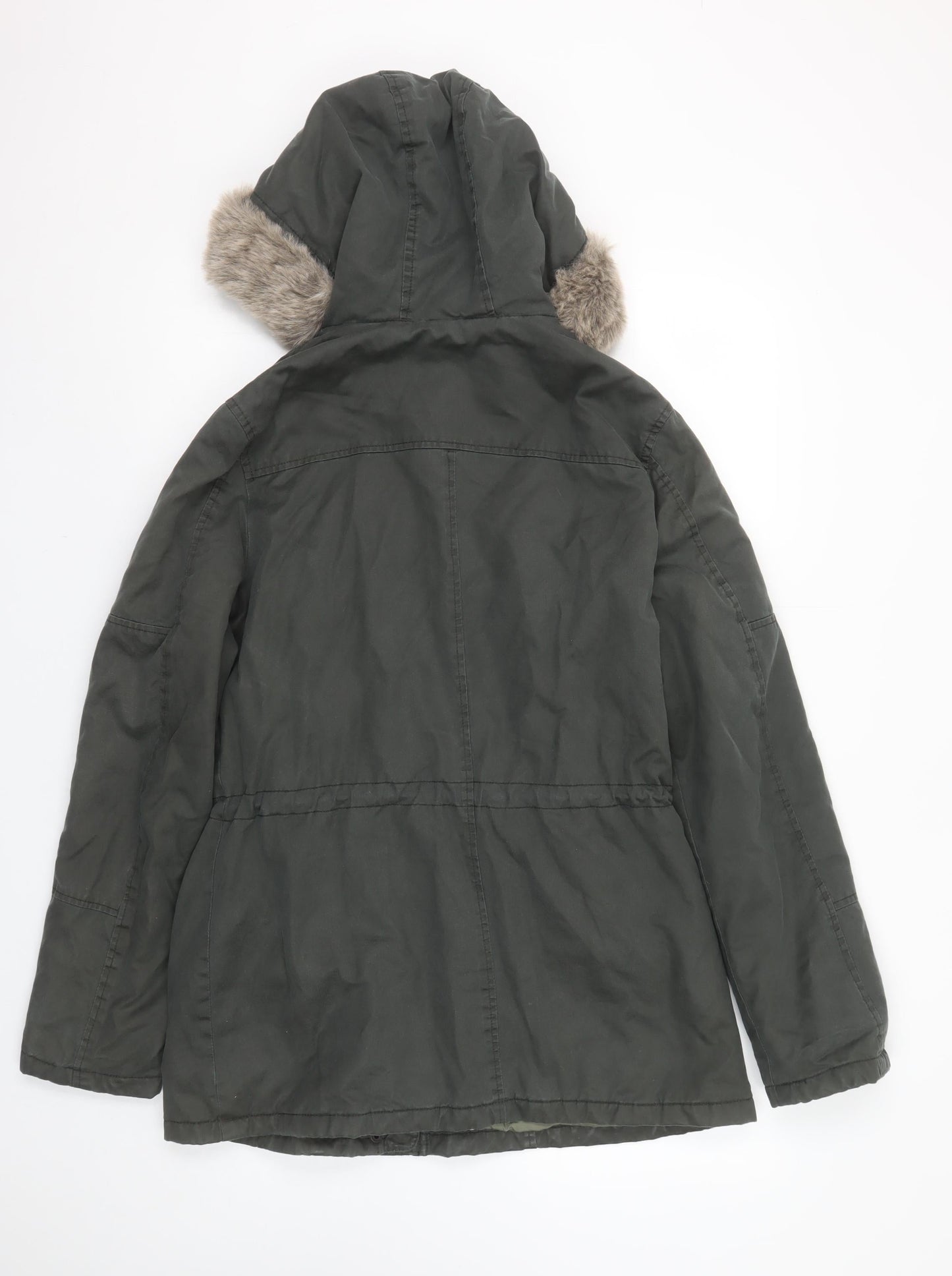 FatFace Women's Green Cotton Parka Coat Size 12 Faux Fur Hood