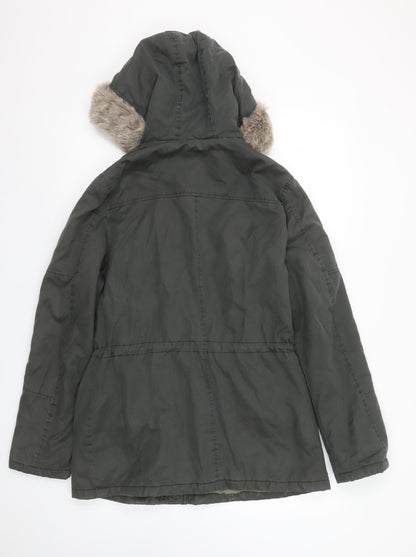 FatFace Women's Green Cotton Parka Coat Size 12 Faux Fur Hood