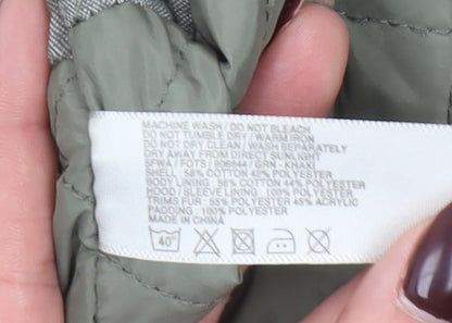 FatFace Women's Green Cotton Parka Coat Size 12 Faux Fur Hood