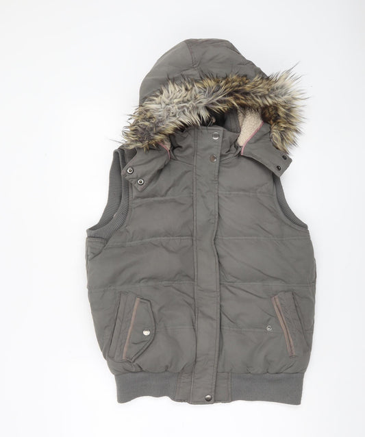 Fat Face Women’s Grey Hooded Faux Fur Trim Puffer Gilet Size 12