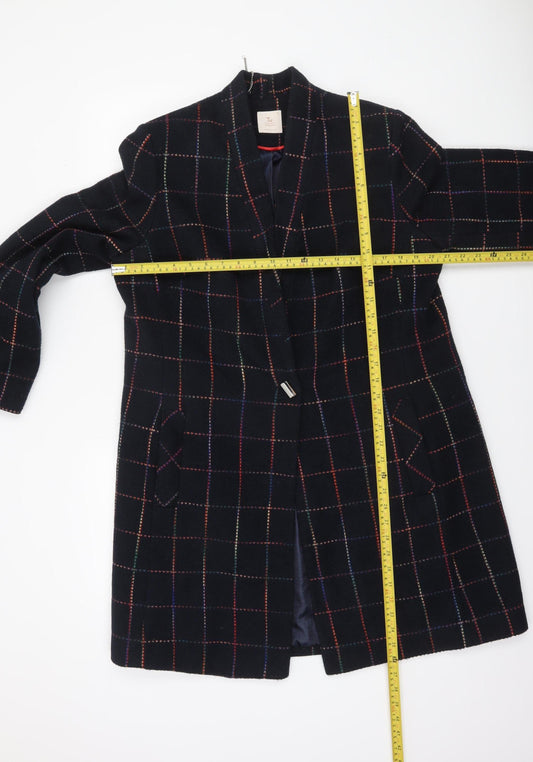 Tu Women Black Checked Wool Blend Overcoat Size 16