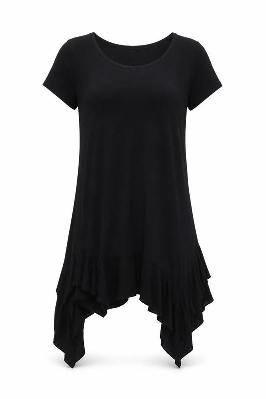 Front view of Oui Women’s Black Short Sleeve Ruffle Hem Tunic Jumper, size UK 14