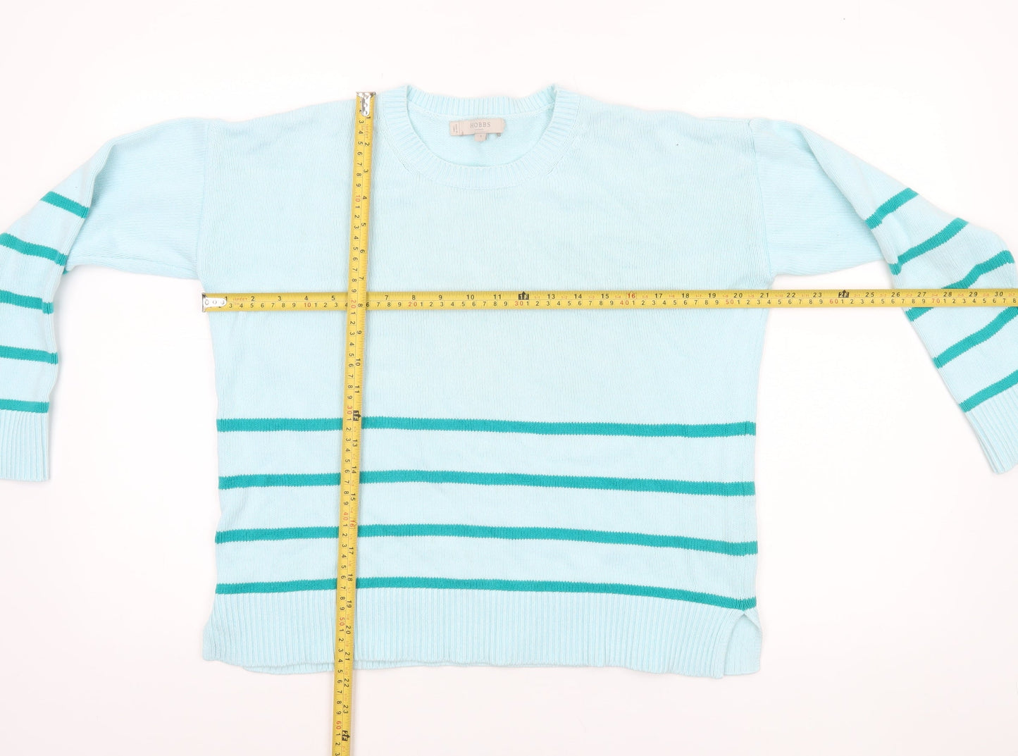 Hobbs Women Blue Striped Cotton Crew Neck Jumper Size S