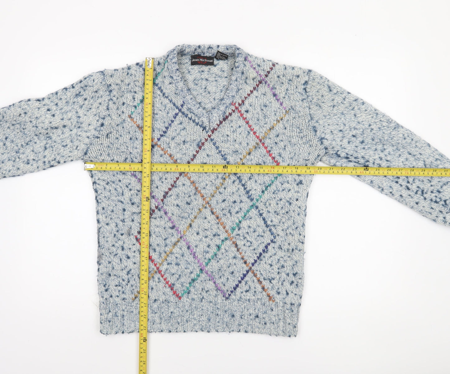 Jean Michaud Men's Blue Argyle Chunky-Knit Wool Blend Pullover Jumper M