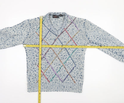 Jean Michaud Men's Blue Argyle Chunky-Knit Wool Blend Pullover Jumper M