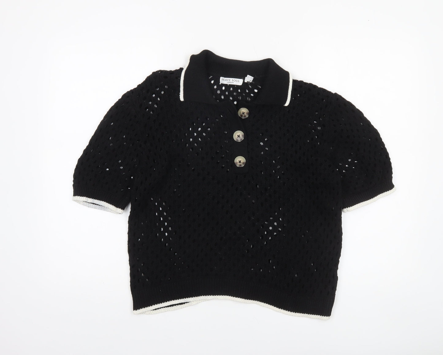 Brave Soul Women's Black Open Knit Collared Henley Jumper L