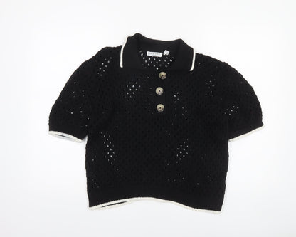 Brave Soul Women's Black Open Knit Collared Henley Jumper L