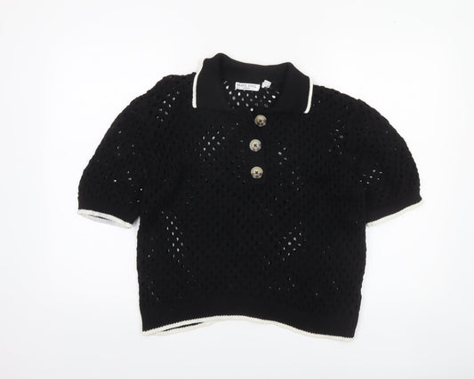 Brave Soul Women's Black Open Knit Collared Henley Jumper L